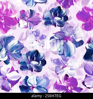Nahtloses Muster aus abstrakten rosa und lila Blumen, Original handgezeichnet, Impressionismus Stil, Farbtextur, Pinselstriche von Farbe, Kunsthintergrund Stockfoto