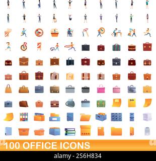 100 Bürosymbole. Cartoon-Illustration von 100 Büro-Icons Vektor-Set isoliert auf weißem Hintergrund. 100 Bürosymbole im Zeichentrickstil Stock Vektor