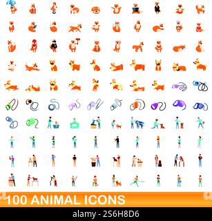 100 Tiersymbole gesetzt. Zeichentrickillustration von 100 Tiersymbolen Vektorsatz isoliert auf weißem Hintergrund. 100 Tiersymbole im Cartoon-Stil Stock Vektor