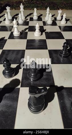 Riesige Schachfiguren werfen im märz lange Schatten auf einem riesigen Schachbrett im sataya Resort, marsa alam, Rotes Meer, ägypten Stockfoto