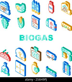 Biogas Energie Kraftstoffsammelsymbole Set Vektor. Biogas-Tankstelle Und Zylinder, Mais Und Algen Natürliche Inhaltsstoffe Von Gas, Methan Und Wasserstoff Isometrische Schilderfarbe Illustrationen. Biogas Energie Kraftstoffsammelsymbole Set Vektor Stock Vektor