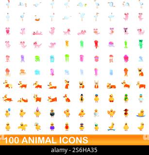 100 Tiersymbole gesetzt. Zeichentrickillustration von 100 Tiersymbolen Vektorsatz isoliert auf weißem Hintergrund. 100 Tiersymbole im Cartoon-Stil Stock Vektor