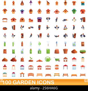 100 Gartensymbole. Zeichentrickillustration von 100 Garten-Icons Vektor-Satz isoliert auf weißem Hintergrund. 100 Gartensymbole im Zeichentrickstil Stock Vektor