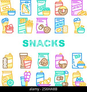 Snacks Lebensmittel Und Getränke Sammlung Symbole Set Vektor. Getrocknete Bananen Und Karamellfrüchte, Kokos-Chips Und Nüsse, Donuts Und Haferflocken Cookies Snacks Konzept Lineare Piktogramme. Konturabbildungen. Snacks Lebensmittel Und Getränke Sammlung Symbole Set Vektor Stock Vektor