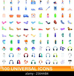 100 universelle Symbole. Zeichentrickillustration von 100 universellen Symbolen Vektor-Satz isoliert auf weißem Hintergrund. 100 universelle Symbole im Cartoon-Stil Stock Vektor