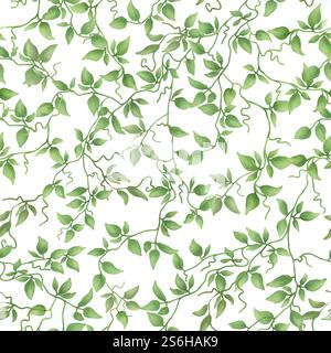 Efezweige mit grünen Blättern auf nahtlosem Muster. Digitale Illustration mit Aquarell. Kletterpflanze mit dünnem Stiel isoliert auf weißem Hintergru Stockfoto