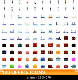 100 Bürosymbole. Cartoon-Illustration von 100 Büro-Icons Vektor-Set isoliert auf weißem Hintergrund. 100 Bürosymbole im Zeichentrickstil Stock Vektor
