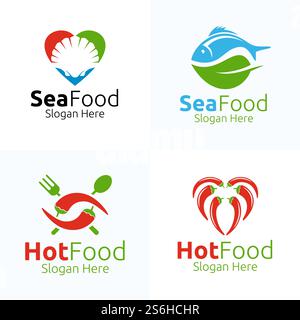 Meeresfrüchte-Logo, Bio-Vektor-Design. Für Restaurant oder Café, Fisch, Krabben, Garnelen, Jakobsmuscheln, Tintenfisch, Tintenfisch, Koch, Gabel, Löffel Konzept Stock Vektor