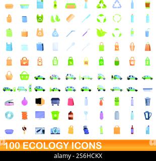 100 Symbole für Ökologie eingestellt. Zeichentrickillustration von 100 Ökologie Icons Vektor auf weißem Hintergrund isoliert gesetzt. 100 ökologische Symbole Set, Zeichentrickstil Stock Vektor