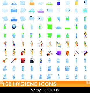 100 Hygienesymbole. Zeichentrickillustration von 100 Hygiene-Icons Vektor-Set isoliert auf weißem Hintergrund. 100 Hygiene-Icons Set, Cartoon-Stil Stock Vektor