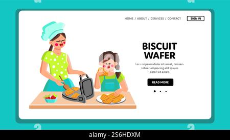 Kekse Wafer Kocht Mutter Mit Tochter Vektor. Frau Mit Kind Kochen Und Backen Keksform Auf Küche Mit Elektronischem Backgerät. Charaktere Cook Cakes Web Flat Cartoon Illustration. Kekse Wafer Kocht Mutter Mit Tochter Vektor Stock Vektor