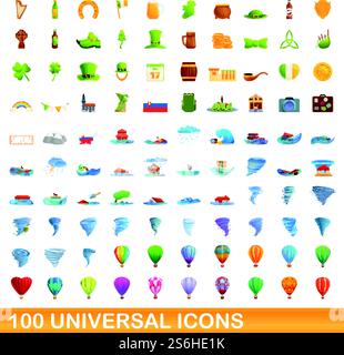 100 universelle Symbole. Zeichentrickillustration von 100 universellen Symbolen Vektor-Satz isoliert auf weißem Hintergrund. 100 universelle Symbole im Cartoon-Stil Stock Vektor