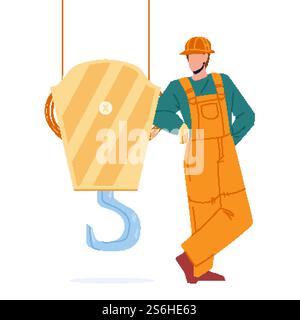 In Der Nähe Des Kranhakens Bleibender Bauarbeiter Vektor. Mann Baumeister In Uniform Bleiben In Der Nähe Von Kranhaken, Baumaschinenteil. Zeichentrickzeichnung Für Zeichentricktechniker Oder Gerätebediener. In Der Nähe Des Kranhakens Bleibender Bauarbeiter Vektor Stock Vektor