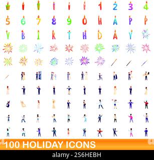 100 Weihnachtssymbole gesetzt. Zeichentrickillustration von 100 Feiertagsymbolen Vektor auf weißem Hintergrund lokalisiert. 100 Weihnachtssymbole im Zeichentrickstil Stock Vektor