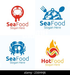 Meeresfrüchte-Logo, Bio-Vektor-Design. Für Restaurant oder Café, Fisch, Krabben, Garnelen, Jakobsmuscheln, Tintenfisch, Tintenfisch, Koch, Gabel, Löffel Konzept Stock Vektor