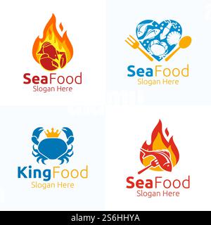 Meeresfrüchte-Logo, Bio-Vektor-Design. Für Restaurant oder Café, Fisch, Krabben, Garnelen, Jakobsmuscheln, Tintenfisch, Tintenfisch, Koch, Gabel, Löffel Konzept Stock Vektor