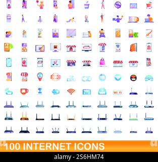 100 Internet-Symbole eingestellt. Zeichentrickillustration von 100 Internet-Icons Vektorsatz isoliert auf weißem Hintergrund. 100 Internet-Icons im Cartoon-Stil Stock Vektor