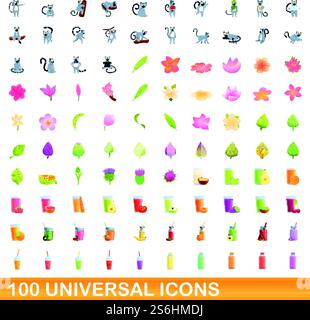 100 universelle Symbole. Zeichentrickillustration von 100 universellen Symbolen Vektor-Satz isoliert auf weißem Hintergrund. 100 universelle Symbole im Cartoon-Stil Stock Vektor