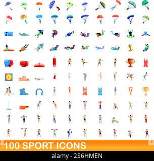 100 Sportsymbole eingestellt. Cartoon-Illustration von 100 Sport-Icons Vektor-Set isoliert auf weißem Hintergrund. 100 Sportsymbole im Zeichentrickstil Stock Vektor