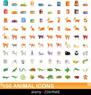 100 Tiersymbole gesetzt. Zeichentrickillustration von 100 Tiersymbolen Vektorsatz isoliert auf weißem Hintergrund. 100 Tiersymbole im Cartoon-Stil Stock Vektor