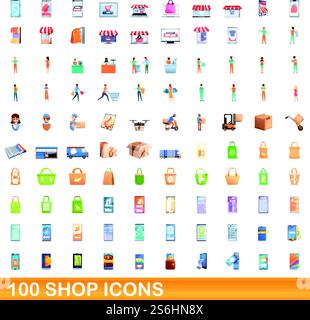 100 Symbole anzeigen. Zeichentrickillustration von 100 Shop-Icons Vektor-Set isoliert auf weißem Hintergrund. 100 Symbole im Zeichentrickstil anzeigen Stock Vektor