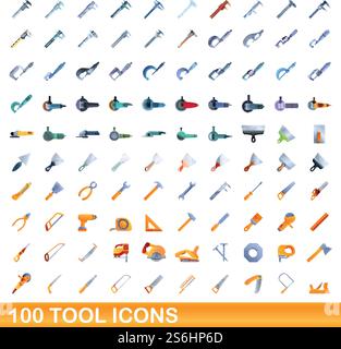 100 Werkzeugsymbole eingestellt. Zeichentrickdarstellung von 100 Werkzeug-Symbolen Vektorsatz isoliert auf weißem Hintergrund. 100 Toolsymbole, Zeichentrickstil Stock Vektor