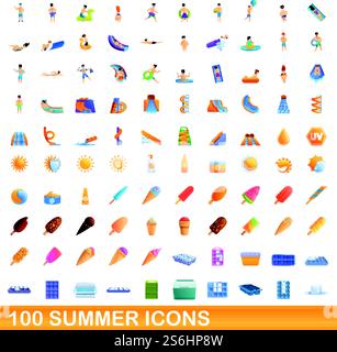 100 Symbole für den Sommer. Zeichentrickillustration von 100 Sommer-Ikonen Vektor-Set isoliert auf weißem Hintergrund. 100 Sommer-Ikonen, Zeichentrickstil Stock Vektor