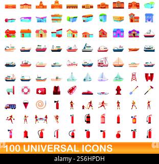 100 universelle Symbole. Zeichentrickillustration von 100 universellen Symbolen Vektor-Satz isoliert auf weißem Hintergrund. 100 universelle Symbole im Cartoon-Stil Stock Vektor