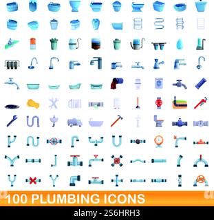 100 Symbole für die Sanitär-Installation. Zeichentrickillustration von 100 Klempnersymbolen Vektor-Set isoliert auf weißem Hintergrund. 100 Installations-Symbole Set, Cartoon-Stil Stock Vektor
