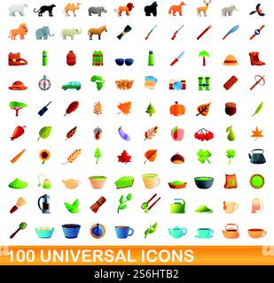 100 universelle Symbole. Zeichentrickillustration von 100 universellen Symbolen Vektor-Satz isoliert auf weißem Hintergrund. 100 universelle Symbole im Cartoon-Stil Stock Vektor