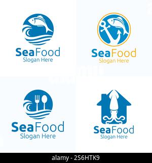Meeresfrüchte-Logo, Bio-Vektor-Design. Für Restaurant oder Café, Fisch, Krabben, Garnelen, Jakobsmuscheln, Tintenfisch, Tintenfisch, Koch, Gabel, Löffel Konzept Stock Vektor