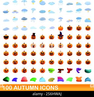 100 Herbstsymbole gesetzt. Zeichentrickillustration von 100 Herbstsymbolen Vektor-Set isoliert auf weißem Hintergrund. 100 Herbstsymbole, Zeichentrickstil Stock Vektor