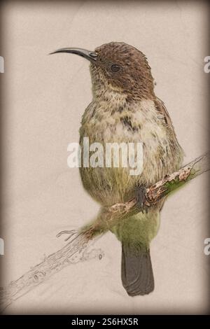 Digitales Bild eines weiblichen Palästinensersonnvogels oder Nordorange-getufteten Sunvogels (Cinnyris oseus), fotografiert im September in Israel Stockfoto