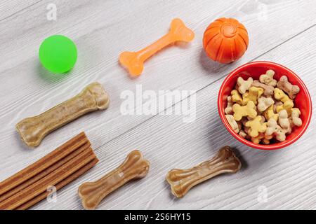 Trockenfutter und spielerisches Spielzeug für Hunde. Granuliertes Tierfutter in einer Schüssel und künstliches Hundekauen Knochenfutter mit Vitaminen. Bälle, ein Kauknochen auf dem Kaugummi Stockfoto