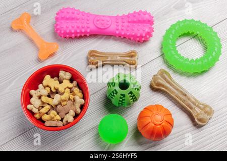 Trockenfutter und spielerisches Spielzeug für Hunde. Tierfutter in einer Schüssel und künstlicher Hund kauen Knochenfutter mit Vitaminen. Bälle, einen Gummiring und Kauen an Knochen Stockfoto