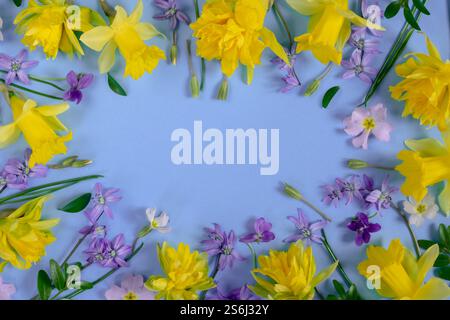 Federrahmen und Blumenarrangement. Zusammensetzung von Narzissen, Veilchen, Butterblumen und Buchsholzblättern auf lilafarbenem Hintergrund. Draufsicht, Kopierraum. Stockfoto