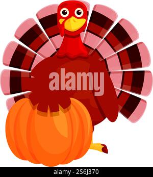 Thanksgiving truthahn mit Kürbis-Symbol. Cartoon von Thanksgiving türkei mit Kürbisvektor-Symbol für Web-Design isoliert auf weißem Hintergrund. Thanksgiving truthahn mit Kürbissymbol, Cartoon-Stil Stock Vektor
