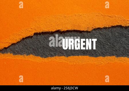 Dringende Nachricht auf gerissenem orangenem Papier mit grauem Hintergrund. Konzeptionelles dringendes Wortsymbol. Kopierbereich. Stockfoto