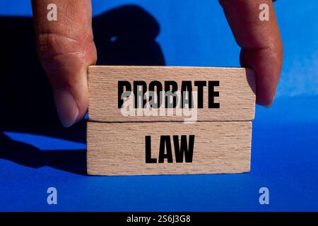 Nachricht zum Nachlassgesetz auf Holzblöcken mit blauem Hintergrund. Symbol für das konzeptionelle Nachlassgesetz. Kopierbereich. Stockfoto