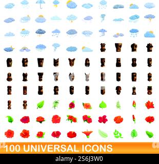 100 universelle Symbole. Zeichentrickillustration von 100 universellen Symbolen Vektor-Satz isoliert auf weißem Hintergrund. 100 universelle Symbole im Cartoon-Stil Stock Vektor