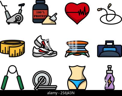 Fitness-Symbol-Set. Editierbare Fett Formatigte Kontur Mit Farbfüllungsdesign. Vektorgrafik. Stock Vektor