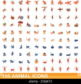 100 Tiersymbole gesetzt. Zeichentrickillustration von 100 Tiersymbolen Vektorsatz isoliert auf weißem Hintergrund. 100 Tiersymbole im Cartoon-Stil Stock Vektor