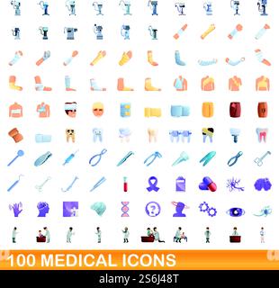100 medizinische Symbole gesetzt. Zeichentrickillustration von 100 medizinischen Ikonen Vektor-Satz isoliert auf weißem Hintergrund. 100 medizinische Ikonen Set, Zeichentrickstil Stock Vektor