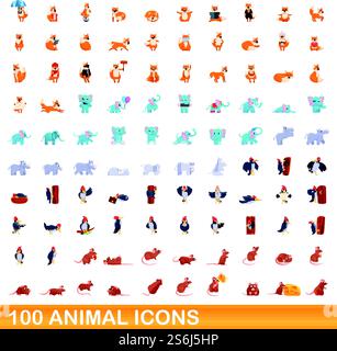100 Tiersymbole gesetzt. Zeichentrickillustration von 100 Tiersymbolen Vektorsatz isoliert auf weißem Hintergrund. 100 Tiersymbole im Cartoon-Stil Stock Vektor