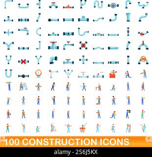 100 Bausymbole gesetzt. Zeichentrickillustration von 100 Bausymbolen Vektor-Set isoliert auf weißem Hintergrund. 100 Bausymbole im Cartoon-Stil Stock Vektor