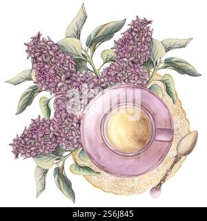 Eine Komposition mit Fliederblüten, einer Teetasse auf einer Spitzenserviette und einem Teelöffel im Vintage-Stil. Aquarellabbildung auf weißem Hintergrund. Romantik, Stockfoto