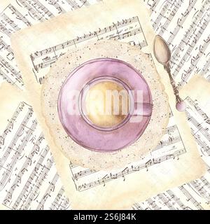 Vintage-Komposition mit einer Tasse Tee auf einer Spitzenserviette und einem Teelöffel auf dem Hintergrund alter Seiten mit Notizen. Aquarellabbildung. Romantik, Lov Stockfoto