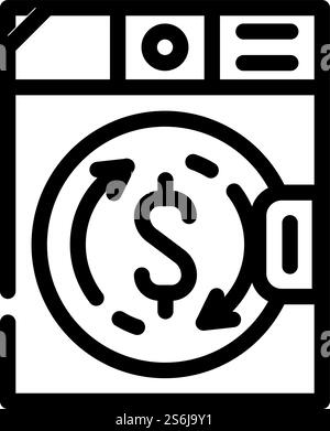 Geldwäsche in der Wäschereilinie Symbol Vektor. Geldwäsche in der Waschmaschine. Schwarze Abbildung des isolierten Kontursymbols. Geldwäsche in Wäschereimaschine Linie Symbol Vektor Illustration Stock Vektor