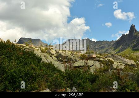 Ein felsiges Massiv, bewachsen mit Sträuchern, die hohe Berge in Form einer liegenden Person überblicken. Mount Sleeping Sayan, Ergaki Naturpark, Krasnojarsk T Stockfoto