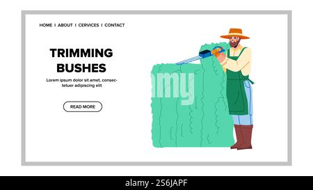 Trimmen Von Büschen Gärtner Mit Trimmwerkzeug Vektor. Man Gartenarbeit Und Trimmen Von Büschen Mit Schneiden Elektronischer Geräte. Figur Landarbeiter Schnitt Pflanze Web Flat Cartoon Illustration. Trimmen Von Büschen Gärtner Mit Trimmwerkzeug Vektor Stock Vektor